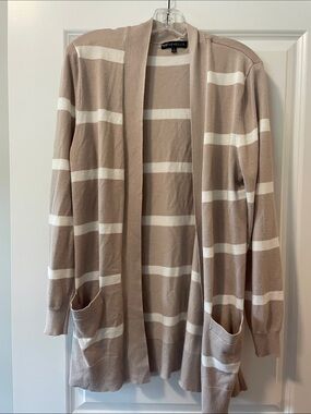 Taupe & White Striped Open Cardigan